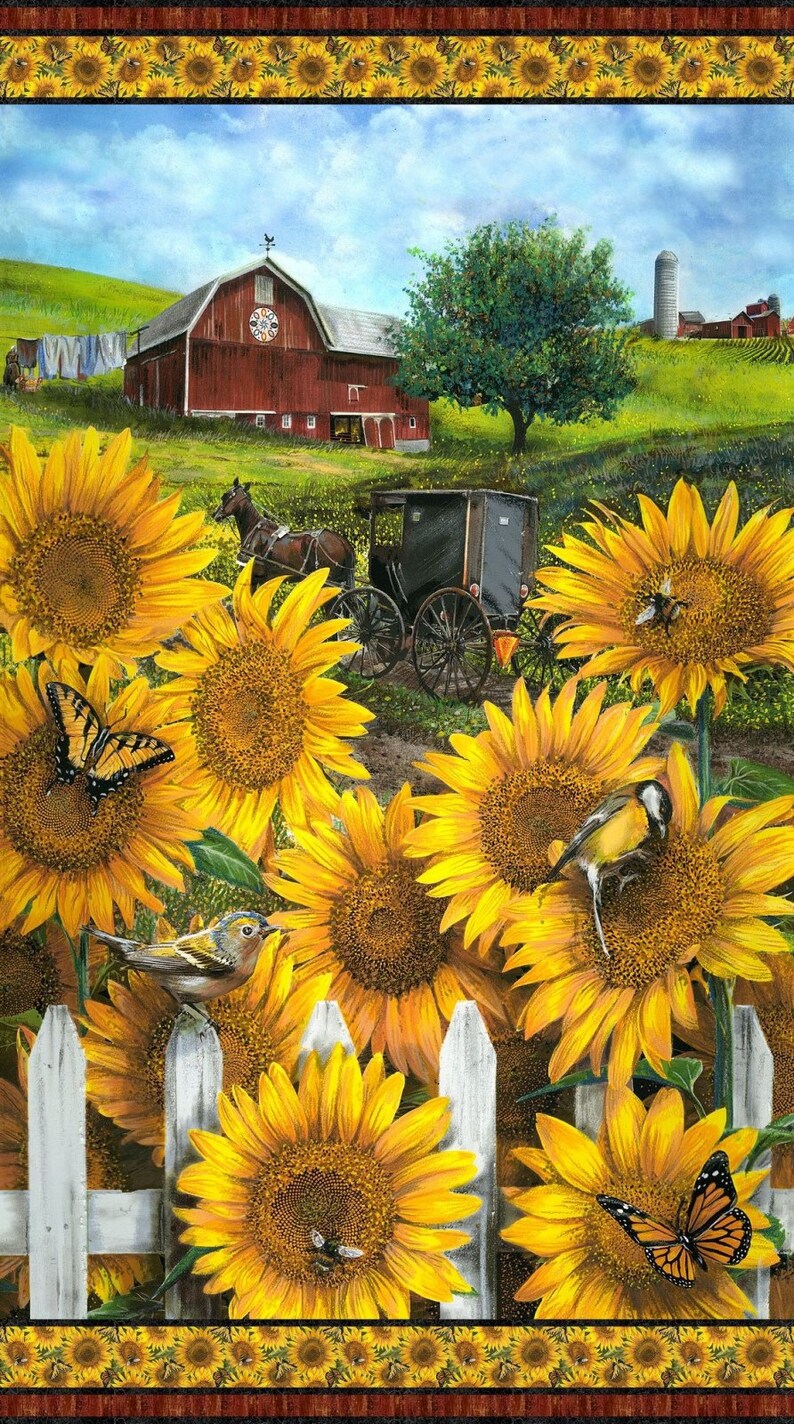 Country Paradise Sunflower and Barn Fabric Panel by Tom Wood #105