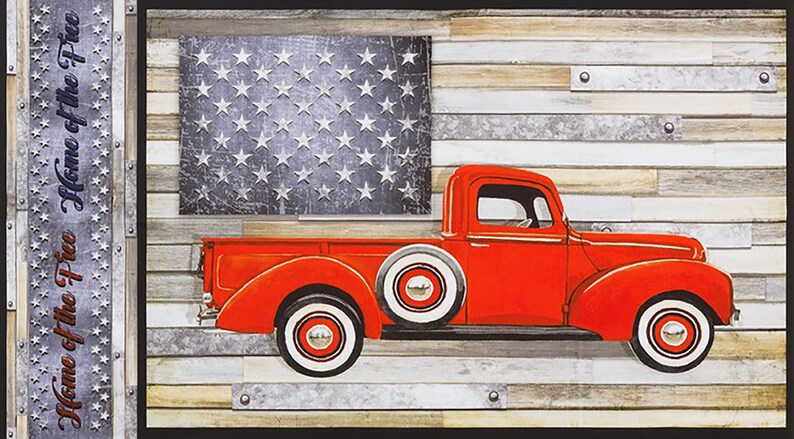 Farmhouse Wood Grain, Americana and Red Truck Fabric Panel by Lynnea Washburn