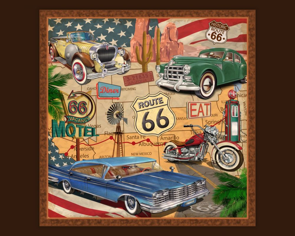 Route 66 Vintage Car Fabric Panel