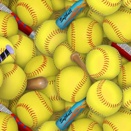 Yellow Softball and Bat Sports Cotton Quilting Fabric *