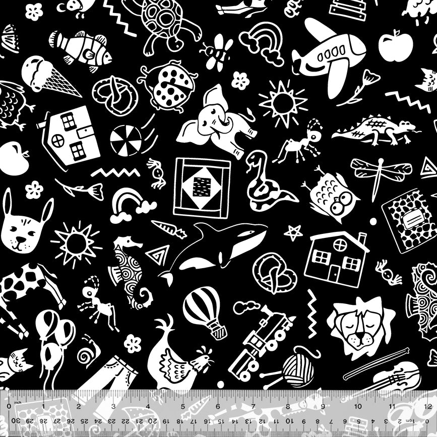 First Look Building White on Black Toys/Animals Fabric