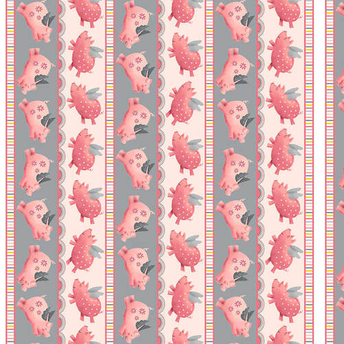 Porkopolis Pink/Gray Stripe Fabric, When Pigs Fly