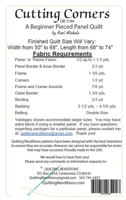 Cutting Corners PDF Download Panel Quilt Pattern by Quilting Renditions