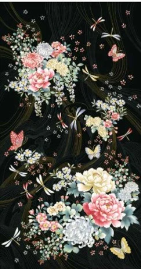 Beautiful Black Floral Dragonfly Fabric Panel