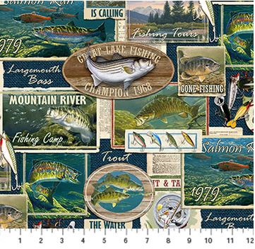 Hooked Fishing labels Quilting Cotton Fabric