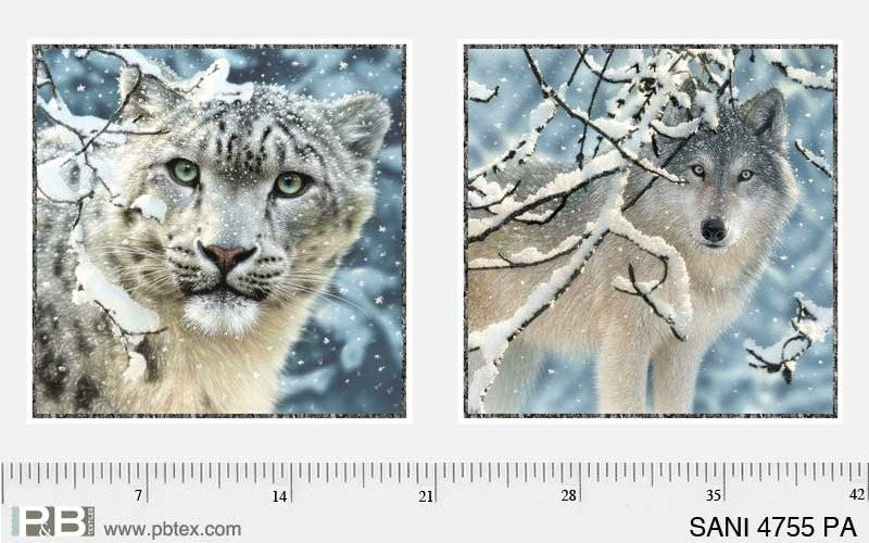 Spirit Animal Snow Leopard and Wolf Blocks Fabric Panel