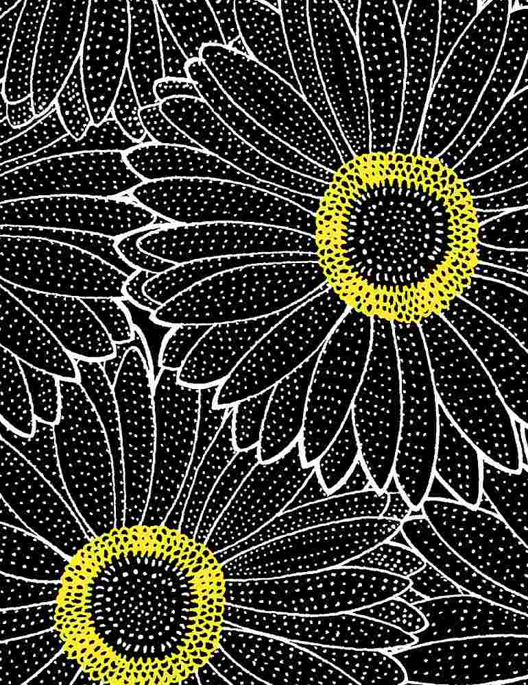 Tri Color Dotted Sunflowers Black, White and Yellow Cotton Quilting Fabric