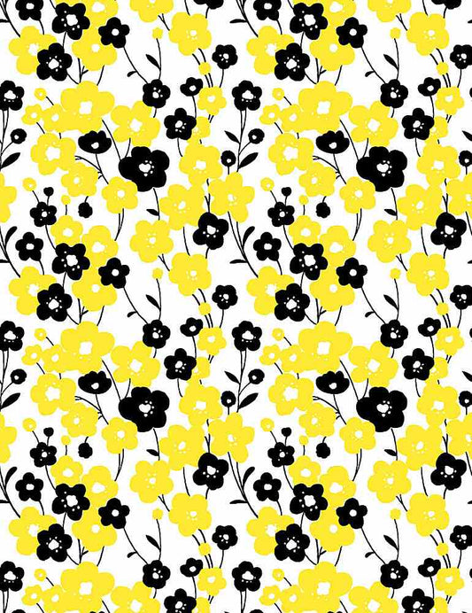 Cute little tri colored flowers black, yellow and white Fabric