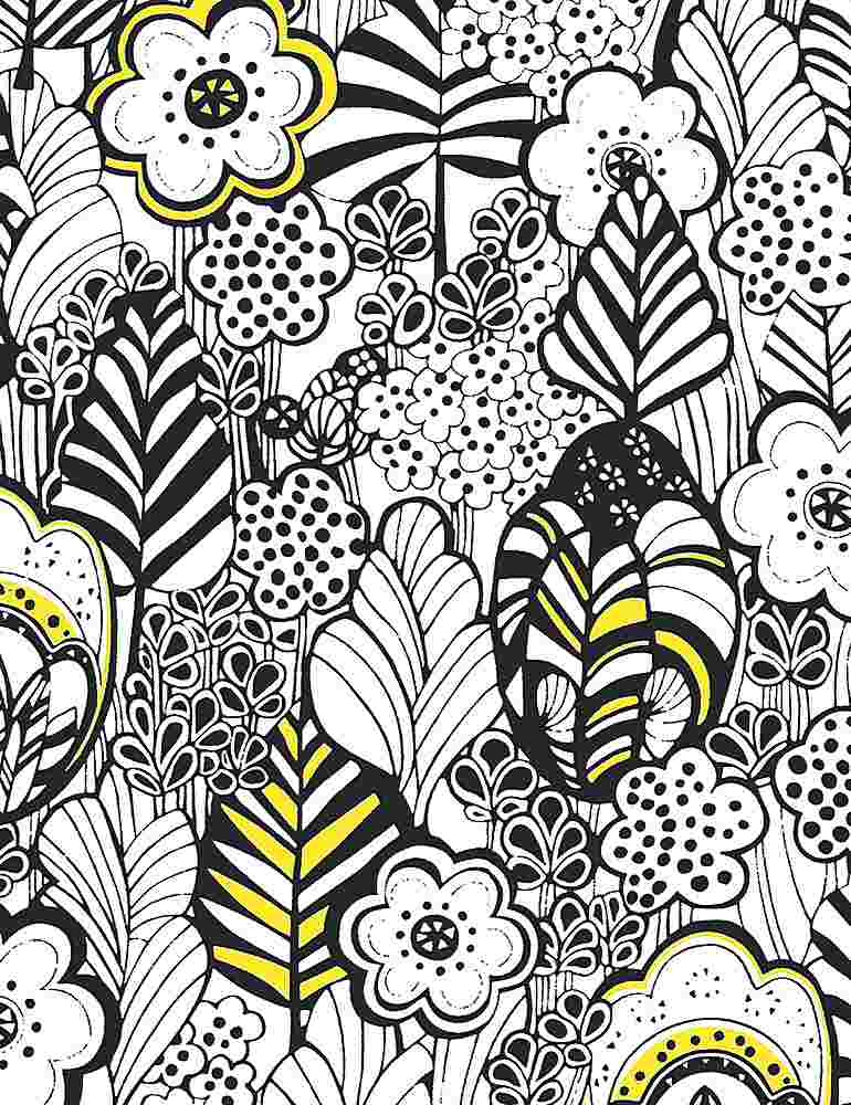 Doodled Tri Color black, yellow, and white Florals Fabric