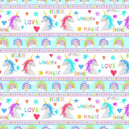 Unicorn and Rainbow Stripe Cotton Quiltinf Fabric , From Wilmington Prints By Averinos, Melissa Sparkle Magic Shine by Melissa Averinos Collection