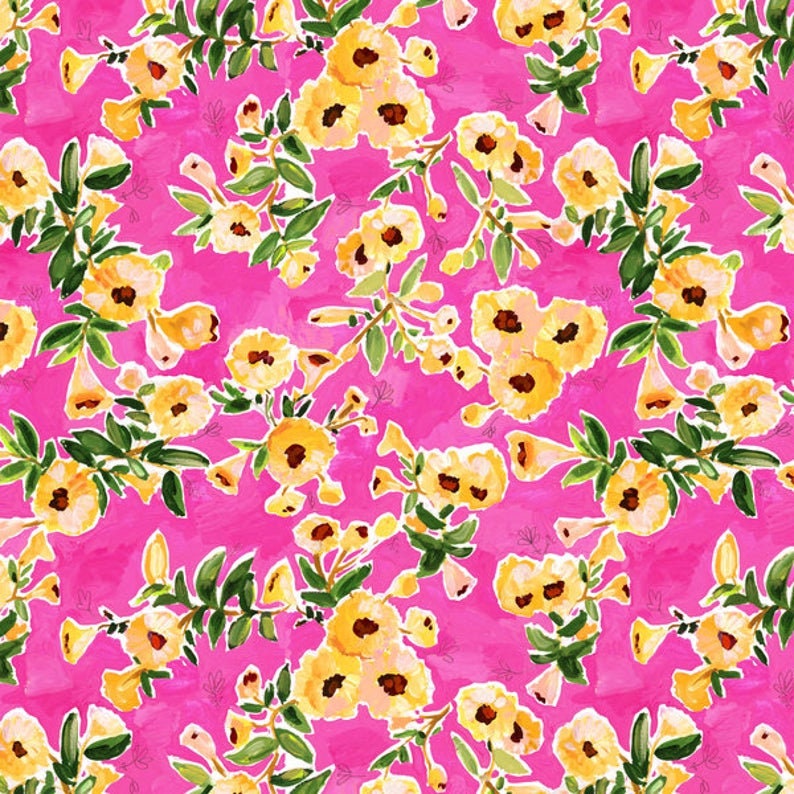 Viva Mexico Flower wall Multi , Bright pink floral Yellow Quilting Cotton Fabric From Dear Stella