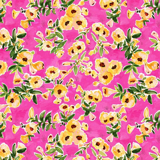 Viva Mexico Flower wall Multi , Bright pink floral Yellow Quilting Cotton Fabric From Dear Stella *