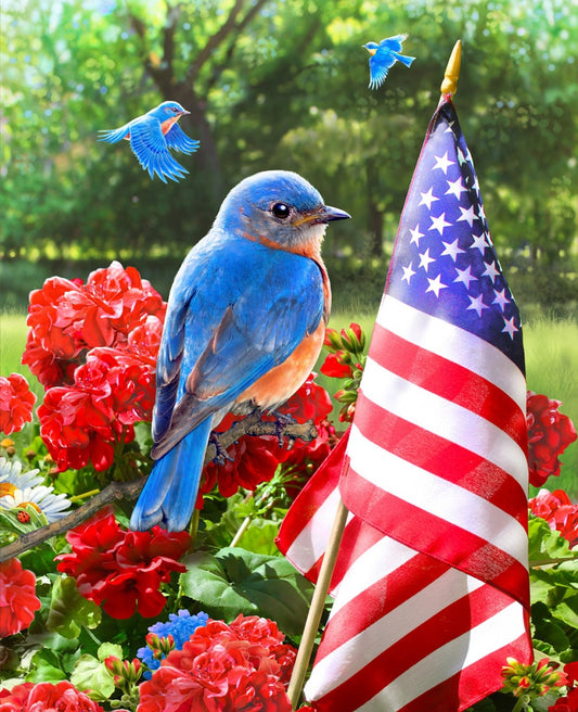 Patriotic Bluebird & American Flag Fabric Panel Digitally Printed