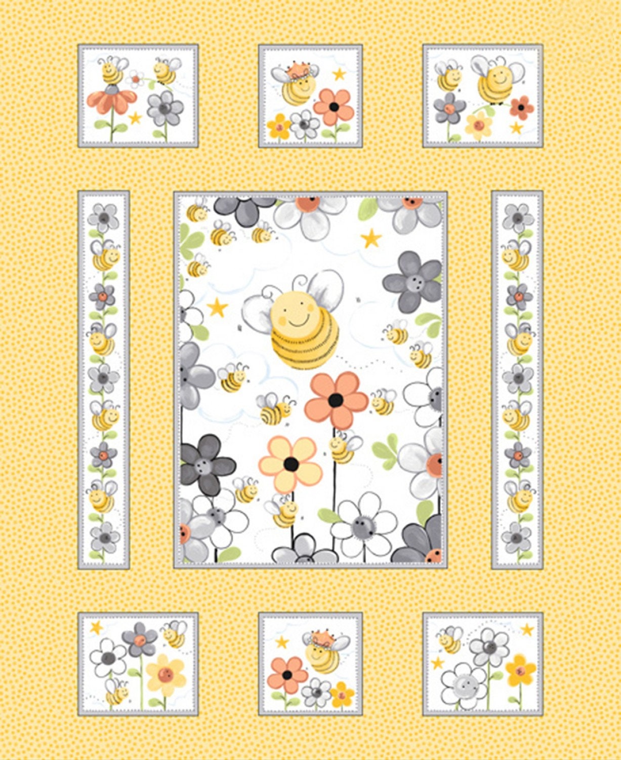 Yellow Sweet Bees Cotton Fabric Panel
