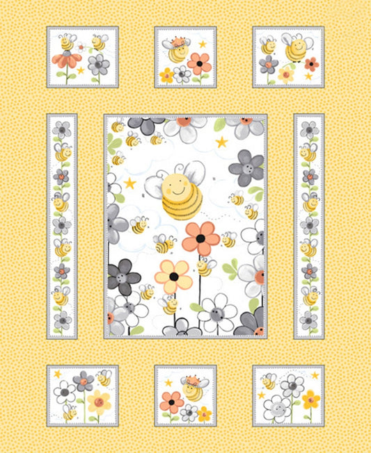 Yellow Sweet Bees Cotton Fabric Panel #15