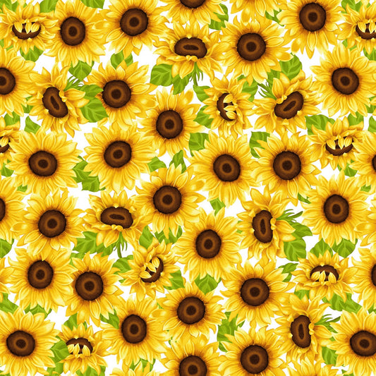 Yellow Sunflowers on White Cotton Quilting Fabric