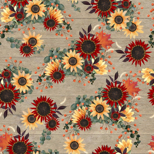 Tan Happy Fall Flowers Cotton Quilting Fabric by Beth Albert Collection, by 3 Wishes Fabric