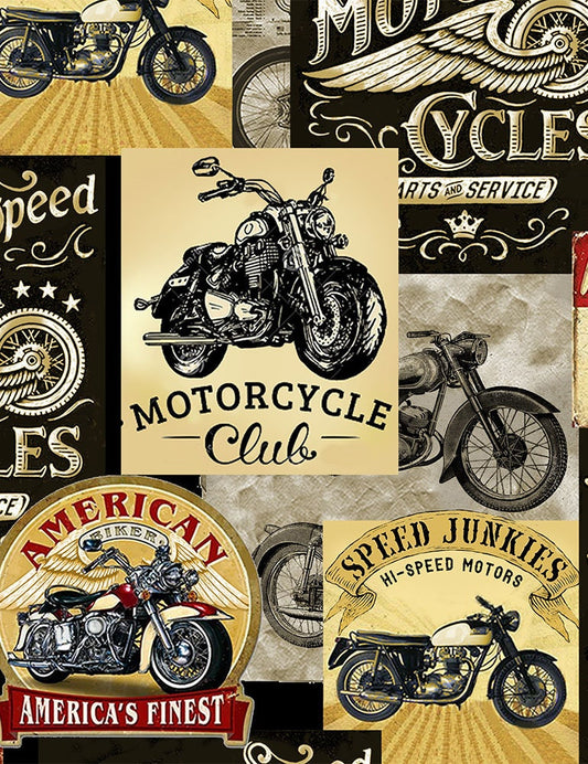 Packed Vintage Motorcycle Signs Cotton Fabric *