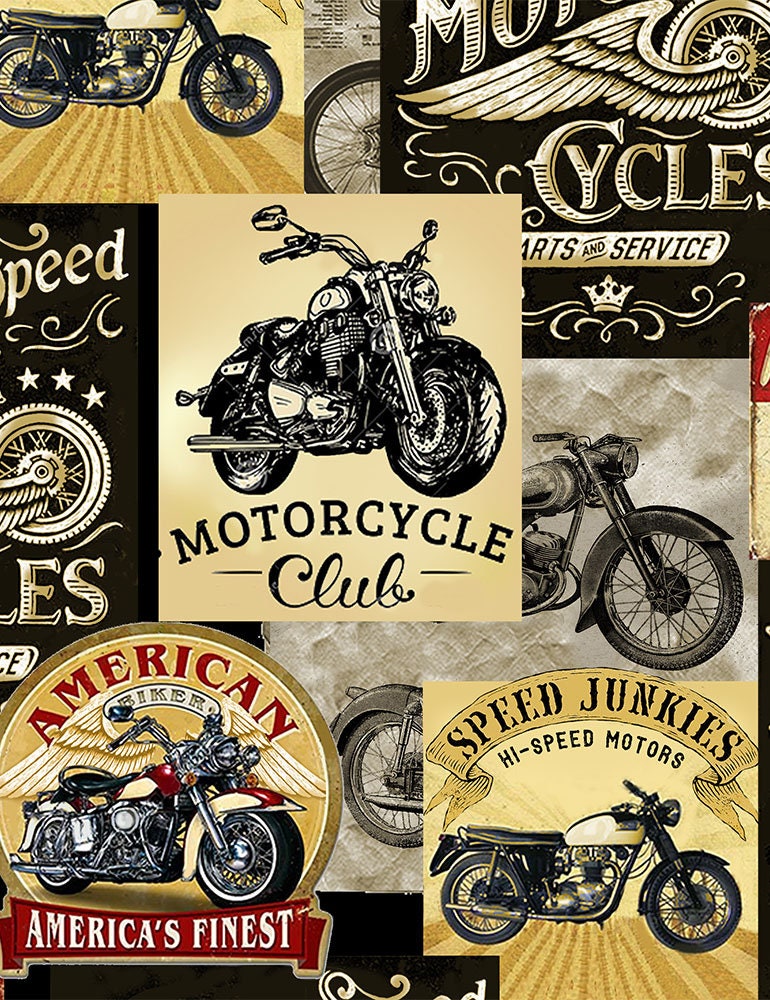 Packed Vintage Motorcycle Signs Cotton Fabric