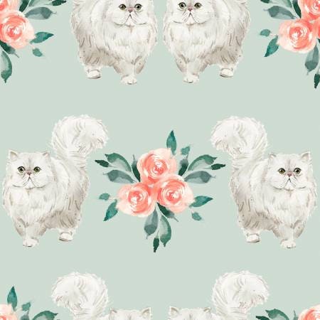 Mint Cats White, Everyday is Caturday Quilting Cotton Fabric
