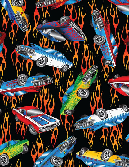 Retro Cars in Flames Cotton Fabric *