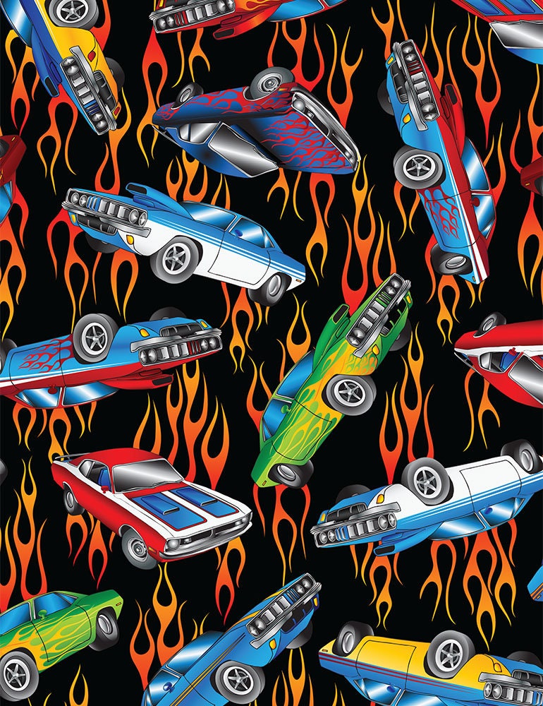 Retro Cars in Flames Cotton Fabric