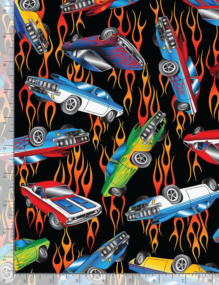 Retro Cars in Flames Cotton Fabric *