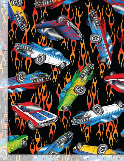 Retro Cars in Flames Cotton Fabric *